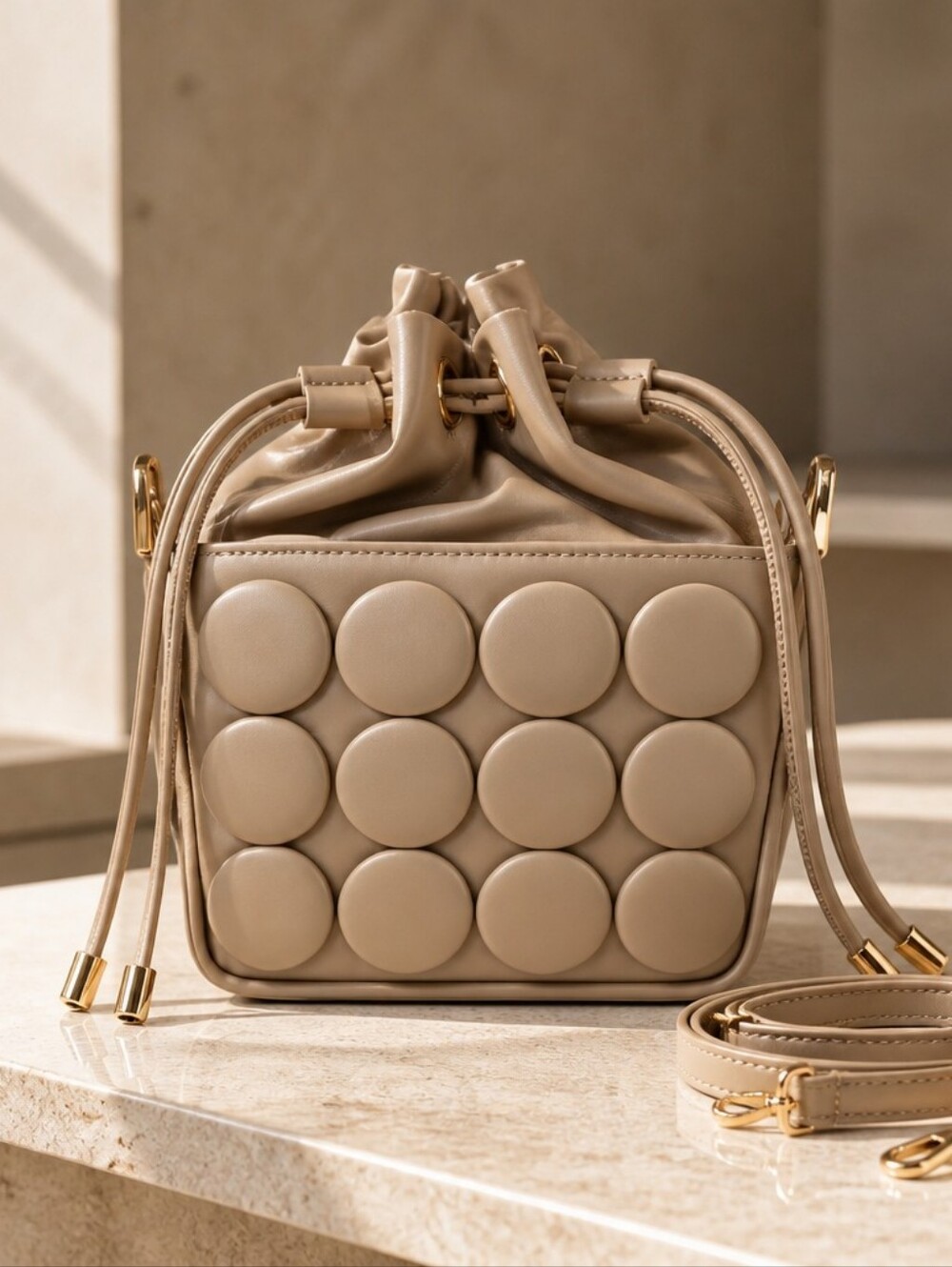 Beige Circle-Accent Drawstring Crossbody Bag